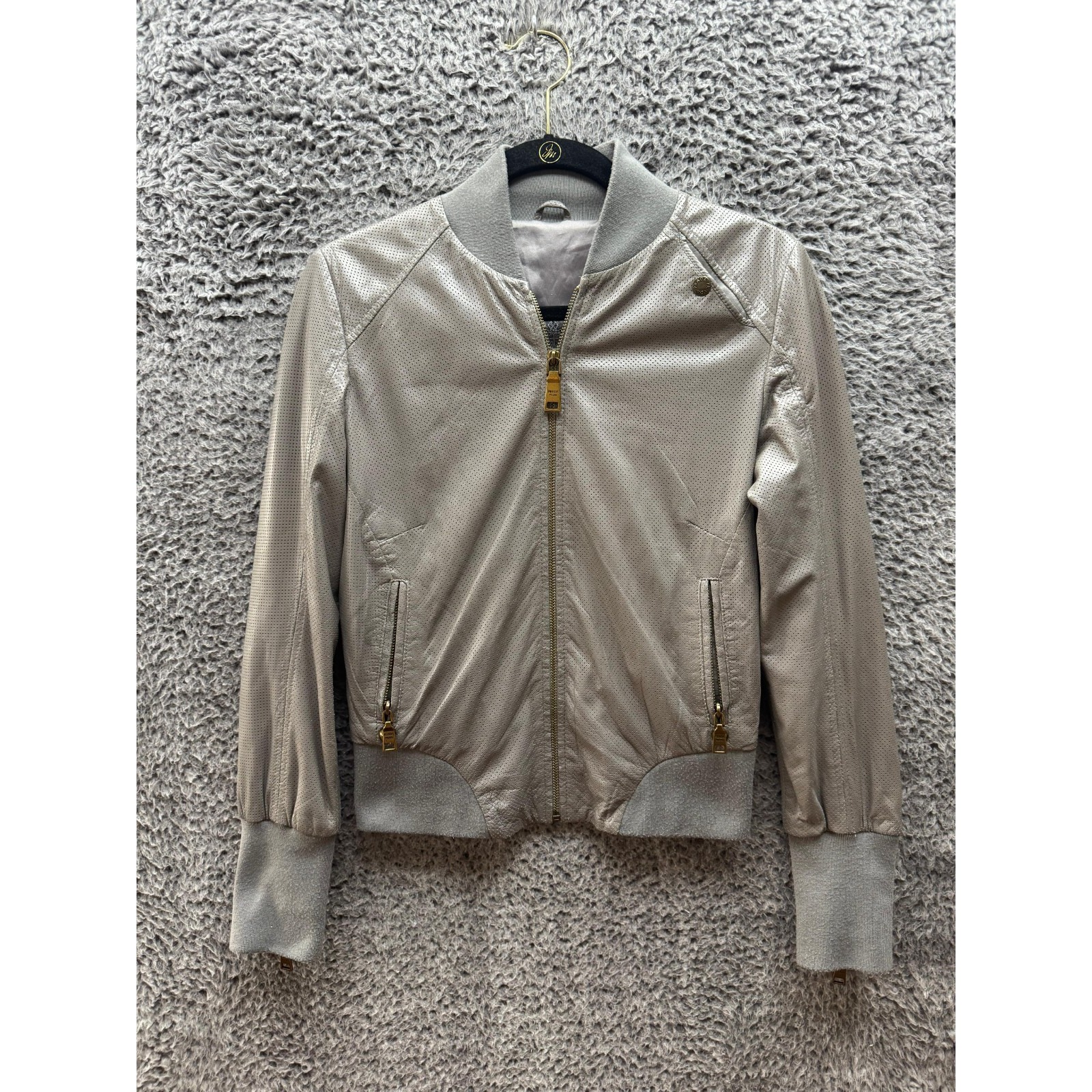 Prada Milano 2008 Leather Full Zip Bomber Jacket Gray Womens Size 42